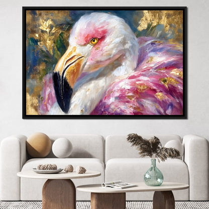 Golden Pink Flamingo Portrait Canvas Wall Art