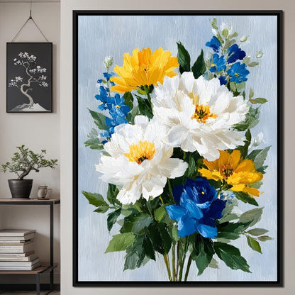 Golden White Blue Garden Posey Canvas Wall Art