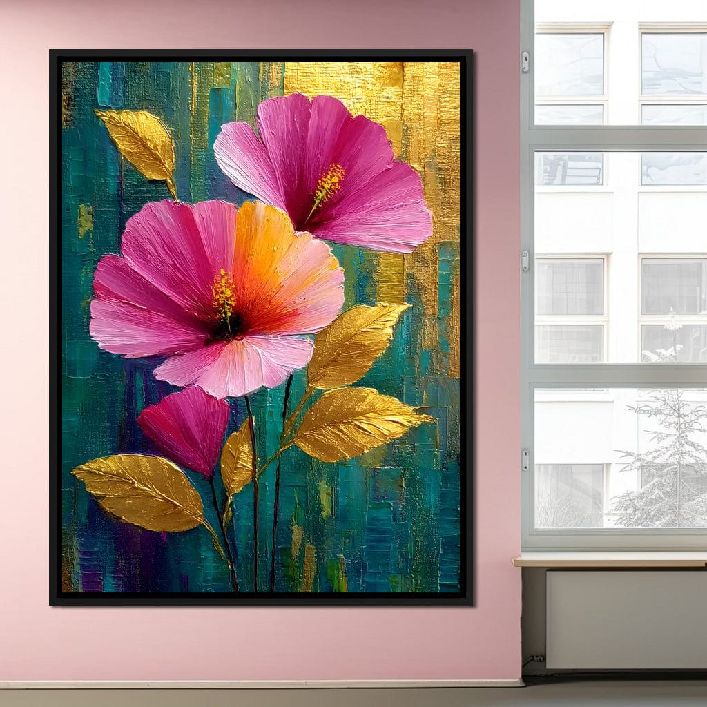 Teal Garden Golden Petals Flourish Canvas Wall Art