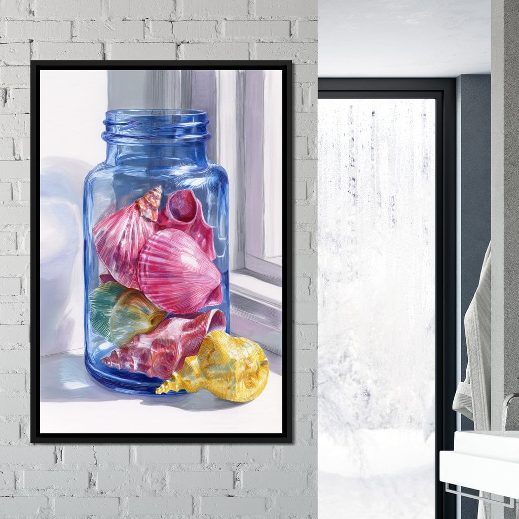 Seashells Jar Sunlit Window Canvas Wall Art
