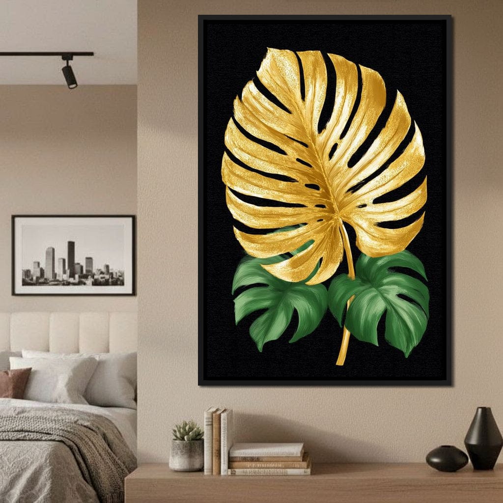 Golden Monstera Leaf Elegance Canvas Wall Art