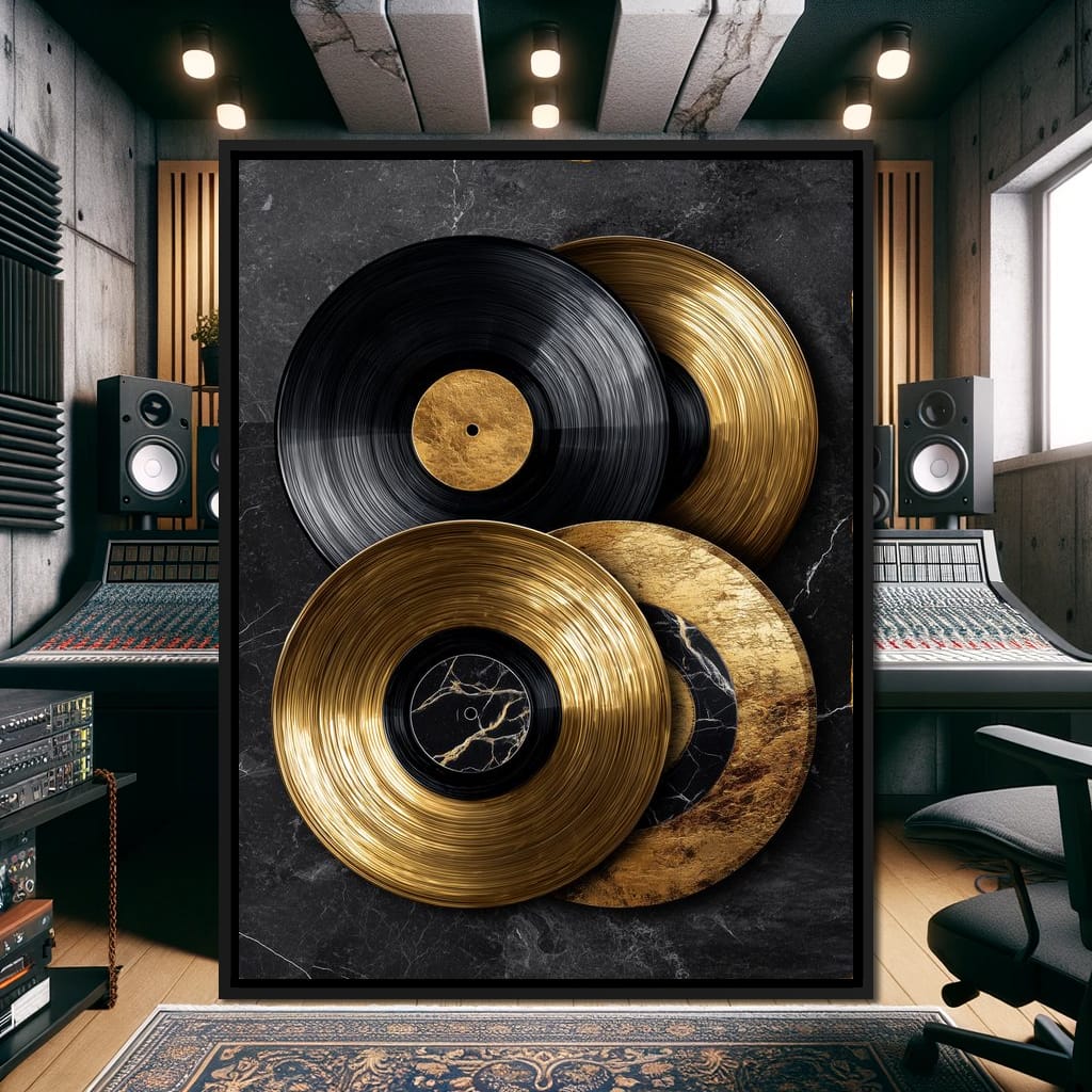 Gold Vinyl Records Noir Marble Canvas Wall Art