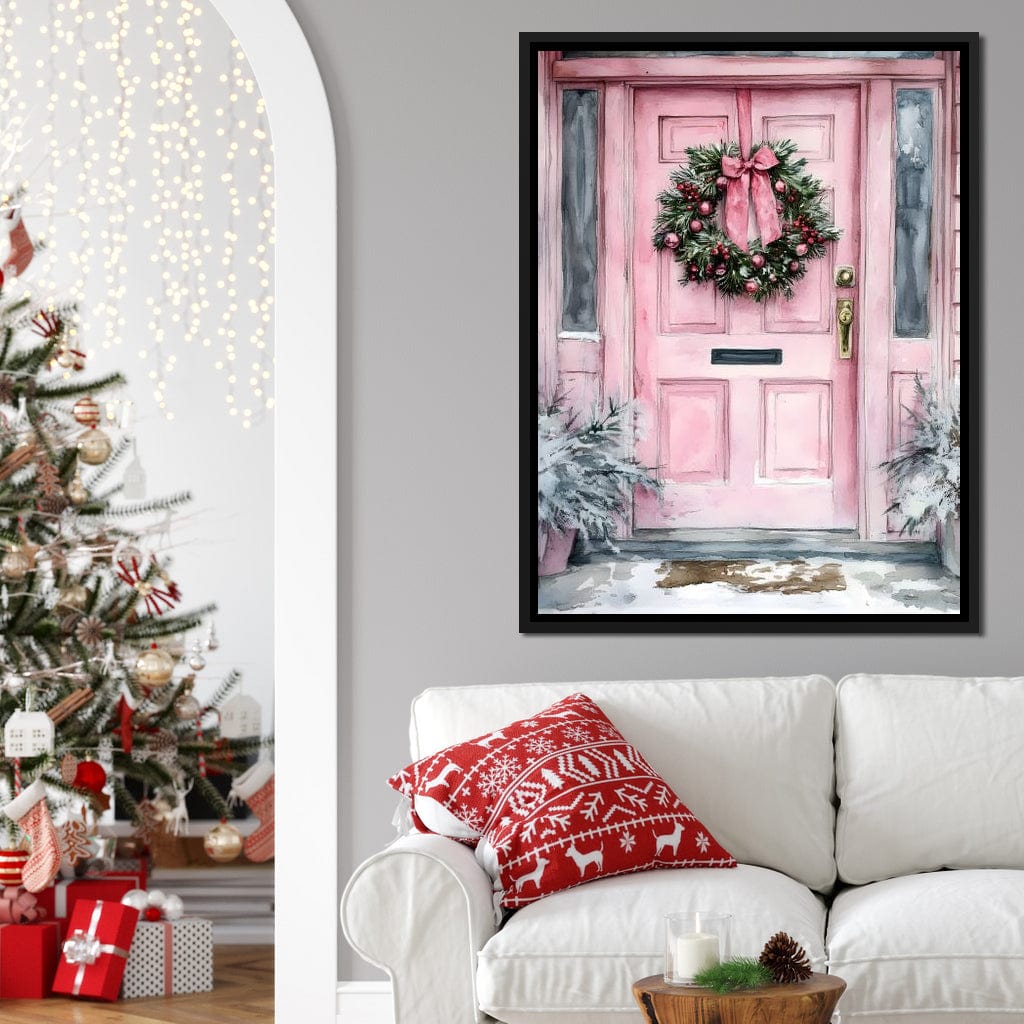 Winter Welcome Pink Door Canvas Wall Art