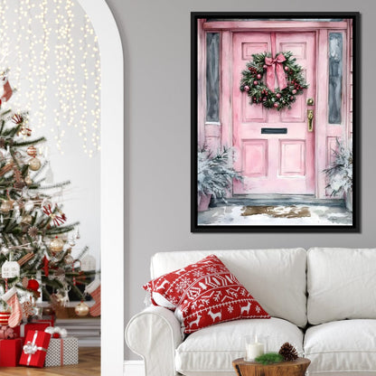 Winter Welcome Pink Door Canvas Wall Art
