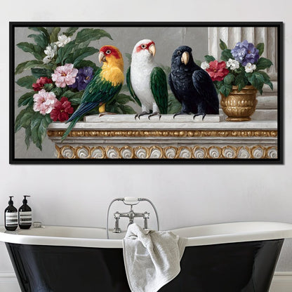 Parrot Trio On Florid Ledge Canvas Wall Art