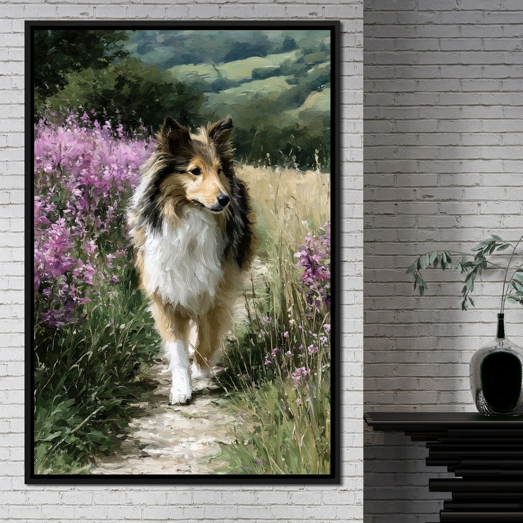 Sheltie Meadow Path Portrait Canvas Wall Art