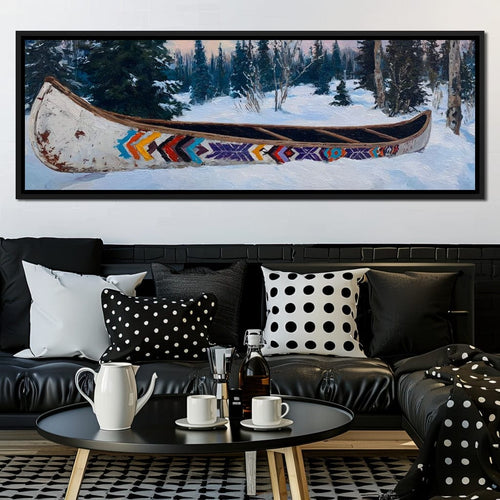 Painted Canoe Among Winter Pines Canvas Wall Art