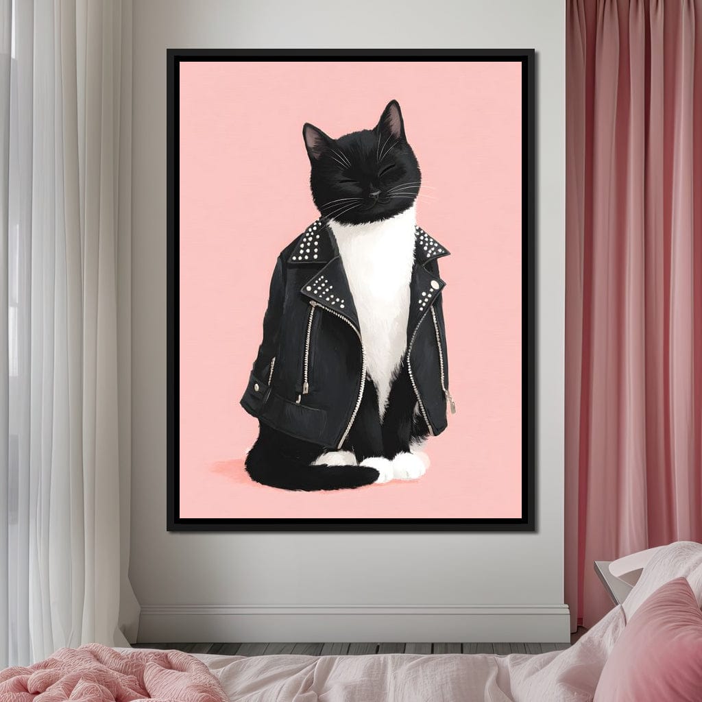 Biker Cat Attitude On Soft Pink Canvas Wall Art
