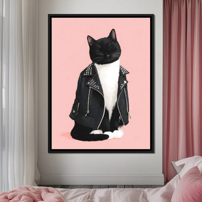 Biker Cat Attitude On Soft Pink Canvas Wall Art