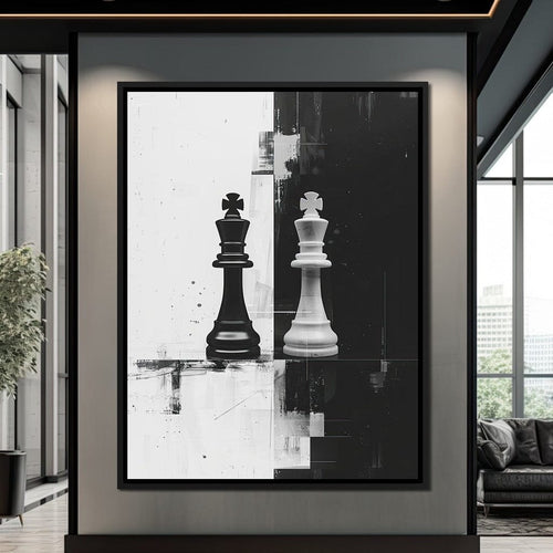 Strategic Chess Duel in Monochrome Canvas Wall Art