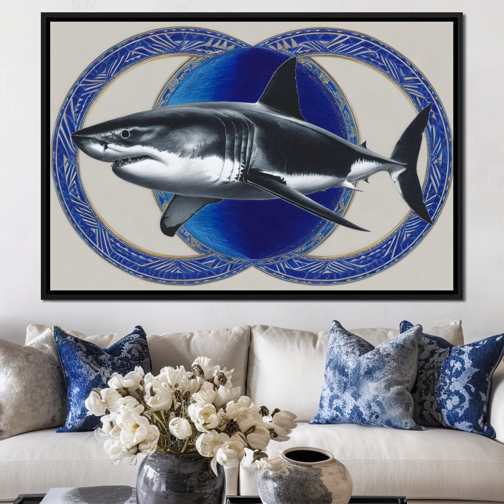 Great White Shark Emblem Blue Canvas Wall Art