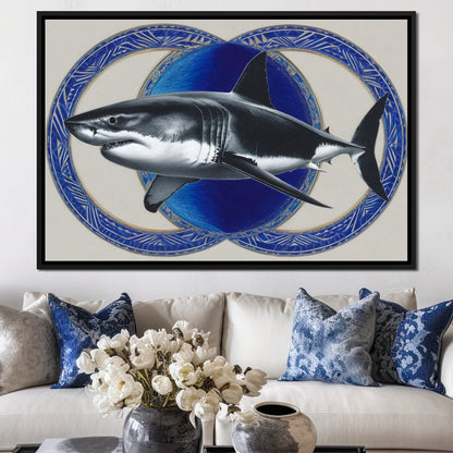 Great White Shark Emblem Blue Canvas Wall Art