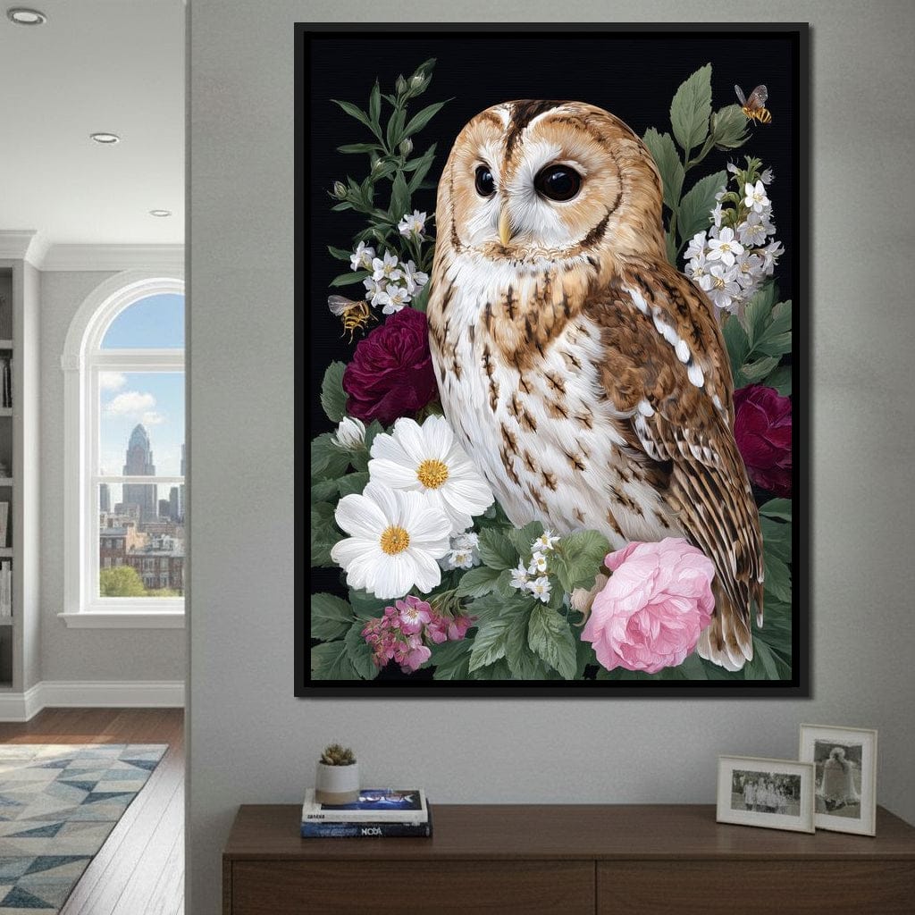 Barn Owl Floral Night Garden Canvas Wall Art