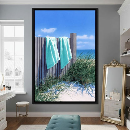 Coastal Towels On Dune Fence Canvas Wall Art