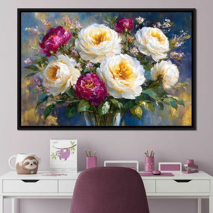 Golden Peonies on Blue Background Canvas Wall Art