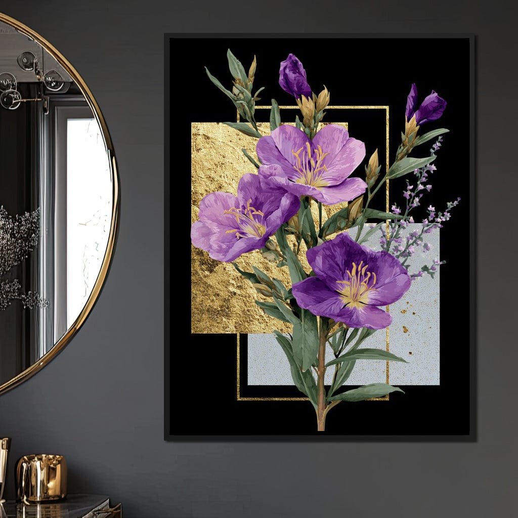 Golden Frame Violet Blossoms Canvas Wall Art