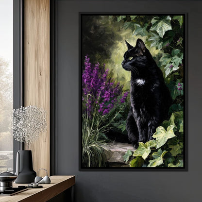 Black Cat Garden Sentinel Canvas Wall Art