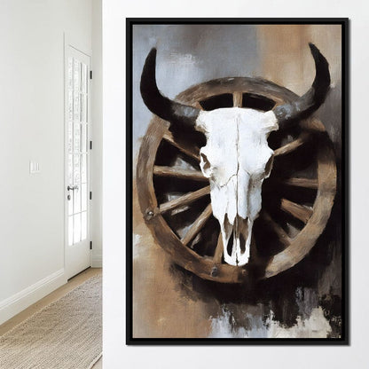Western Bull Skull Wagon Wheel Canvas Wall Art