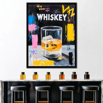Neon Whiskey On The Rocks Canvas Wall Art