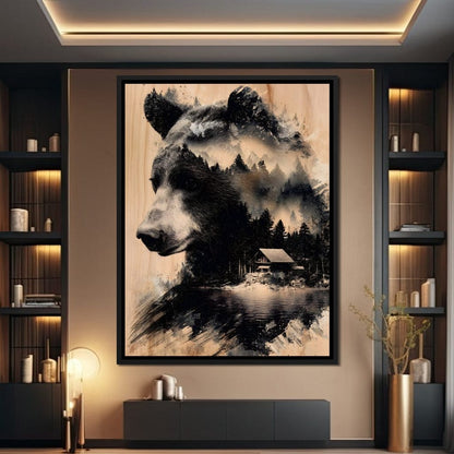 Bear Forest Cabin Reflections Canvas Wall Art