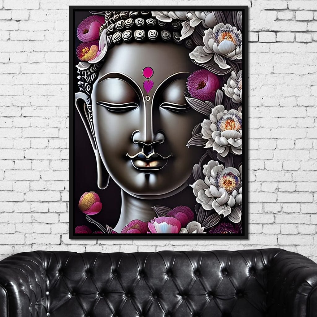 Buddha & Flowers Grey Canvas Wall Art