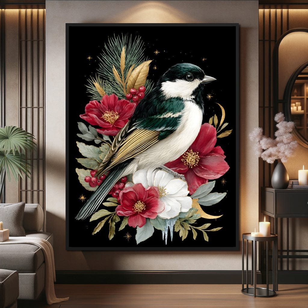 Moonlit Floral Gold Chickadee Canvas Wall Art
