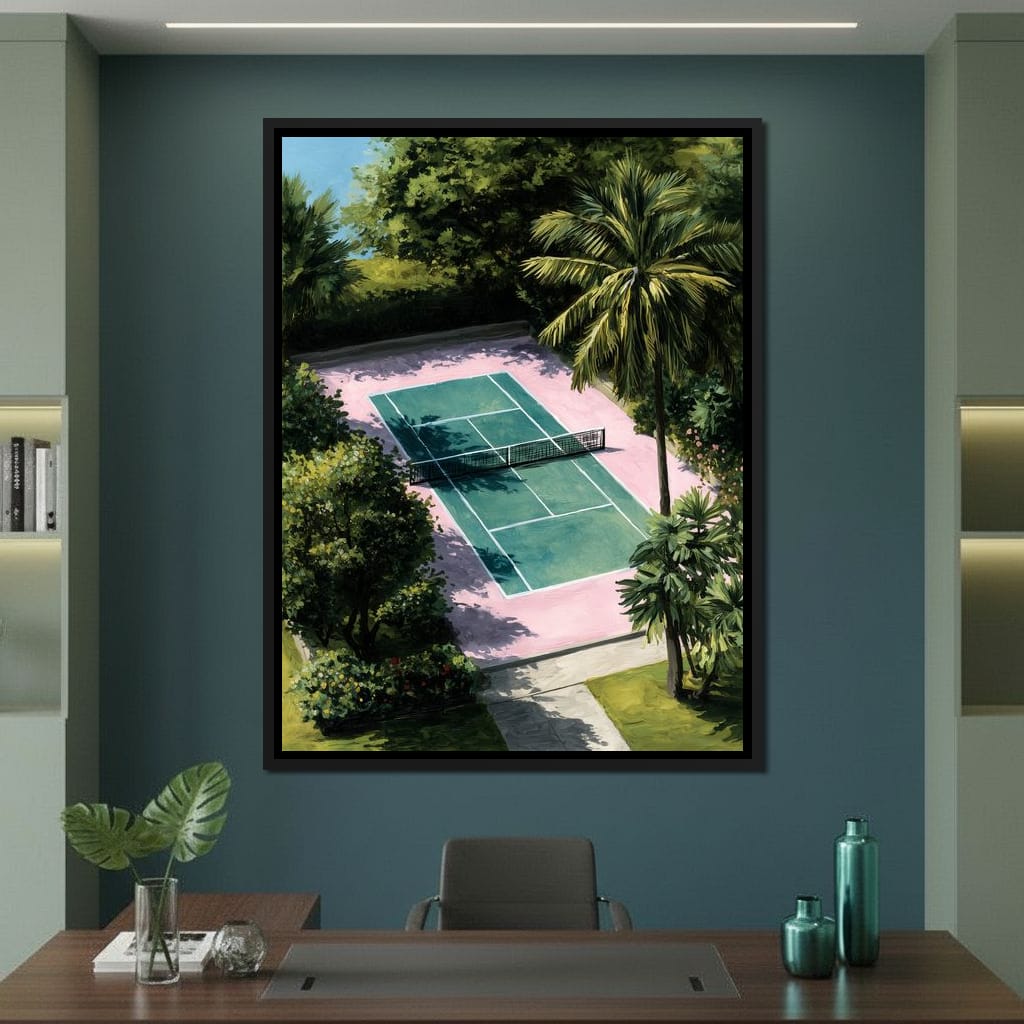 Palm Court Tennis Retreat Scene Canvas Wall Art