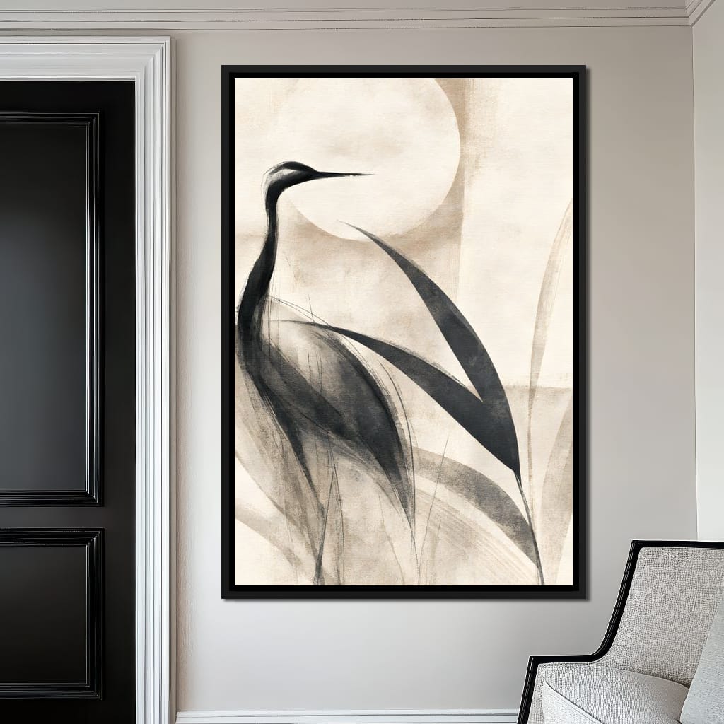 Lone Crane Watching The Pale Disc Canvas Wall Art