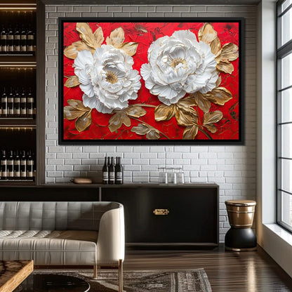 Golden Petals on Ruby Waves Canvas Wall Art