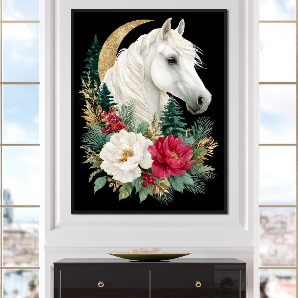 Moonlit Floral Gold White Horse Canvas Wall Art