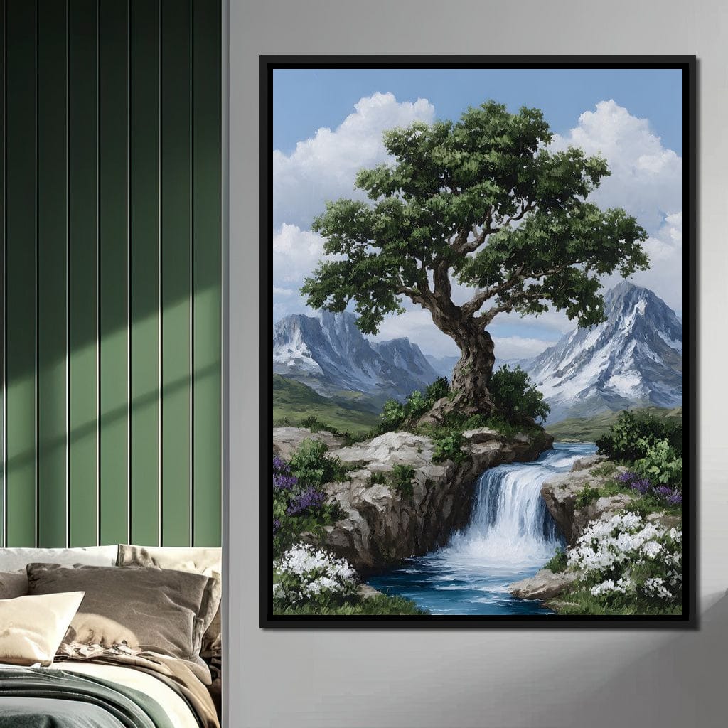 Majestic Tree Mountain Falls Canvas Wall Art