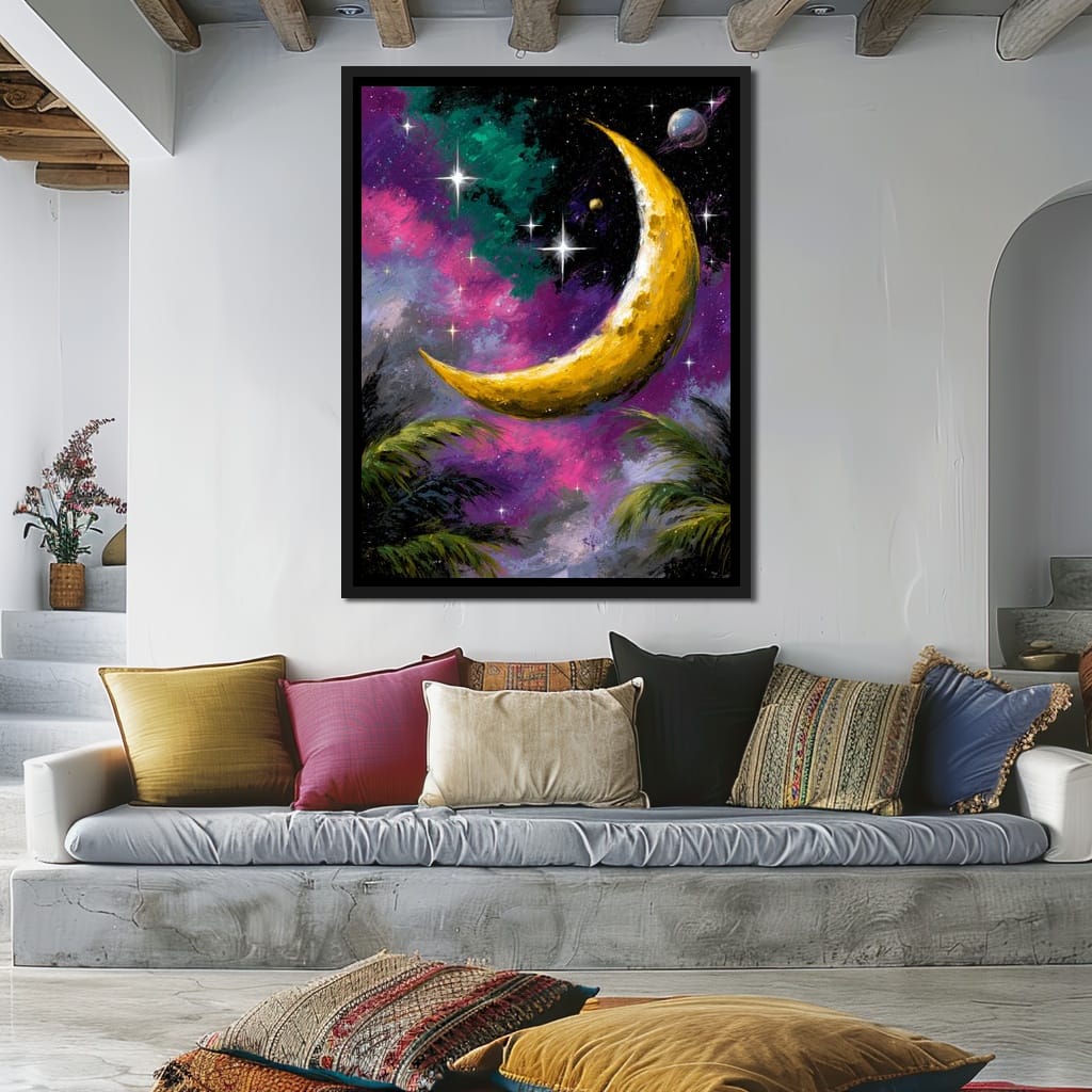 Golden Crescent Cosmic Nightscape Canvas Wall Art