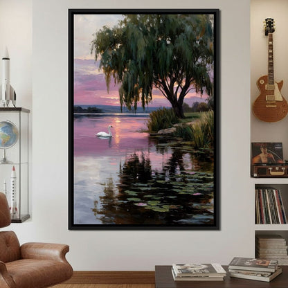 Swan Lake Sunset Willow Tree Canvas Wall Art