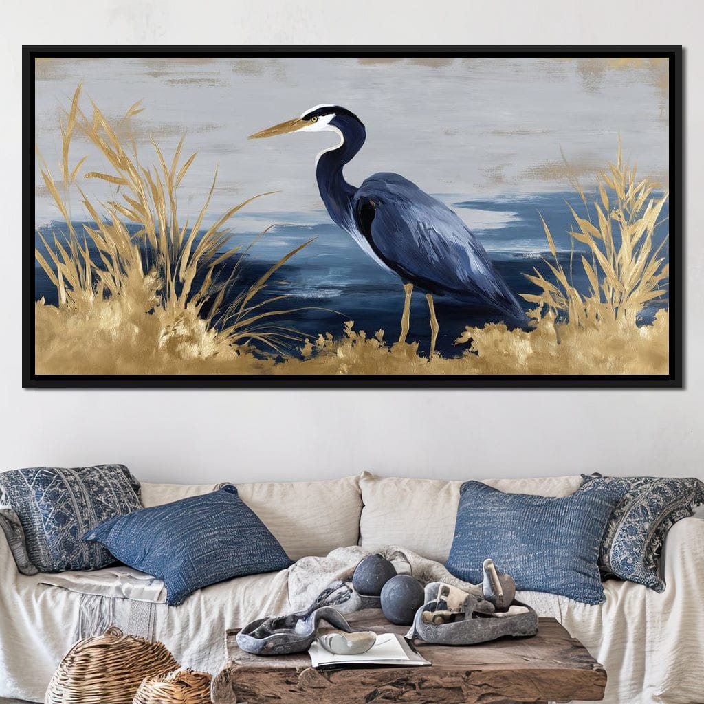 Coastal Heron Gold Reeds Canvas Wall Art