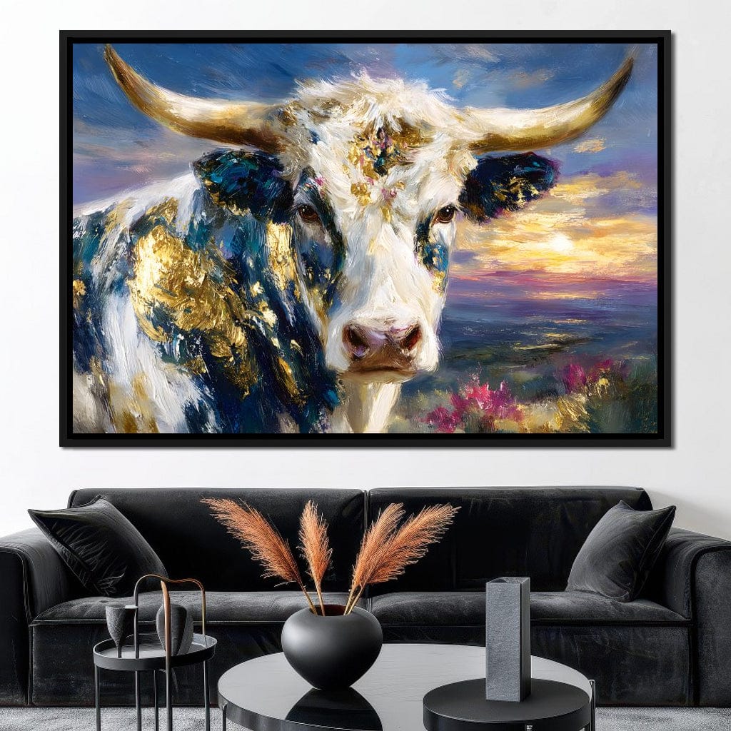 Golden Highland Cow Sunset Canvas Wall Art