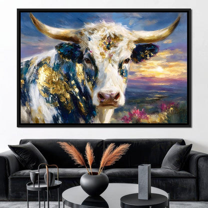 Golden Highland Cow Sunset Canvas Wall Art