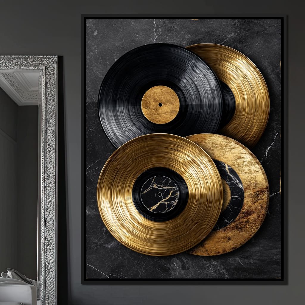 Gold Vinyl Records Noir Marble Canvas Wall Art
