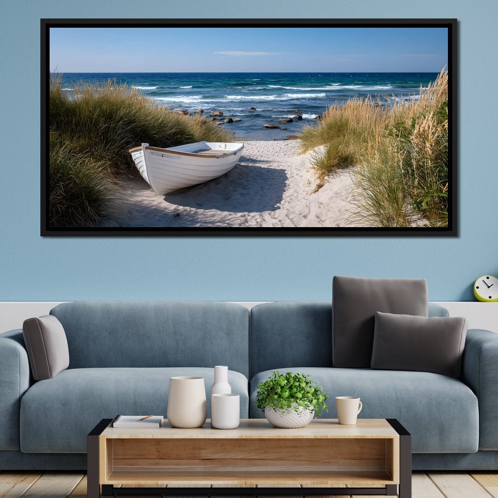 White Rowboat Coastal Dunes Canvas Wall Art