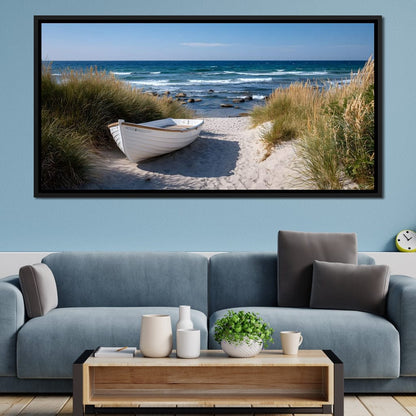 White Rowboat Coastal Dunes Canvas Wall Art