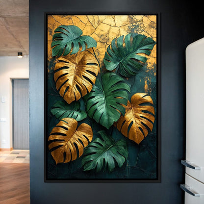 Golden Monstera Leaves Canvas Wall Art