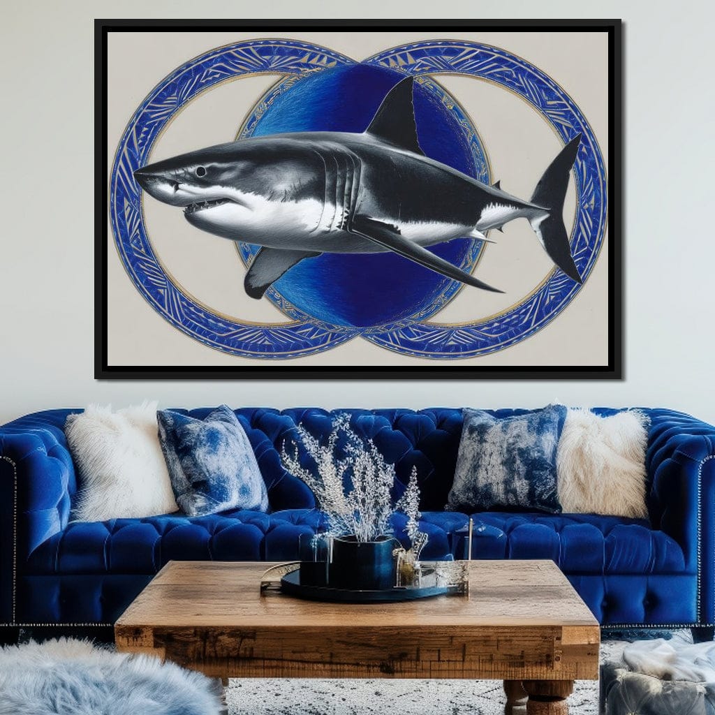 Great White Shark Emblem Blue Canvas Wall Art