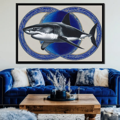 Great White Shark Emblem Blue Canvas Wall Art
