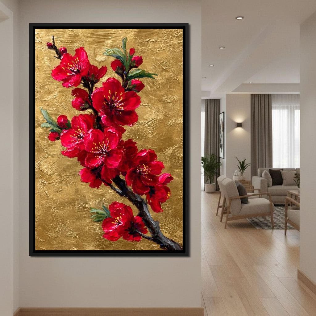 Golden Sakura Blossom Branch Canvas Wall Art