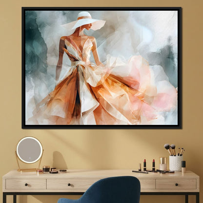 Sun Hat Lady in Peach Gown Canvas Wall Art
