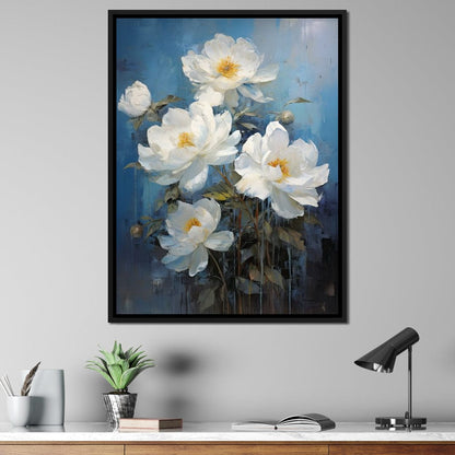White Peonies on Light Blue Background Canvas Wall Art