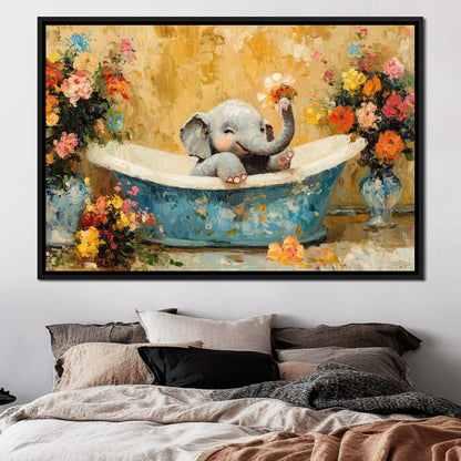 Elephant Joy in Floral Bath Canvas Wall Art