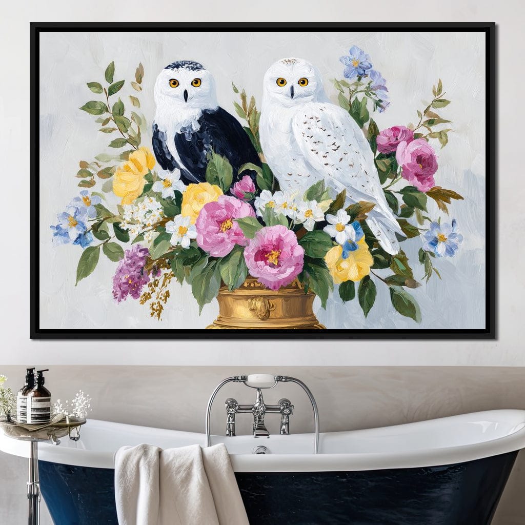 Snowy Owls Floral Canvas Wall Art