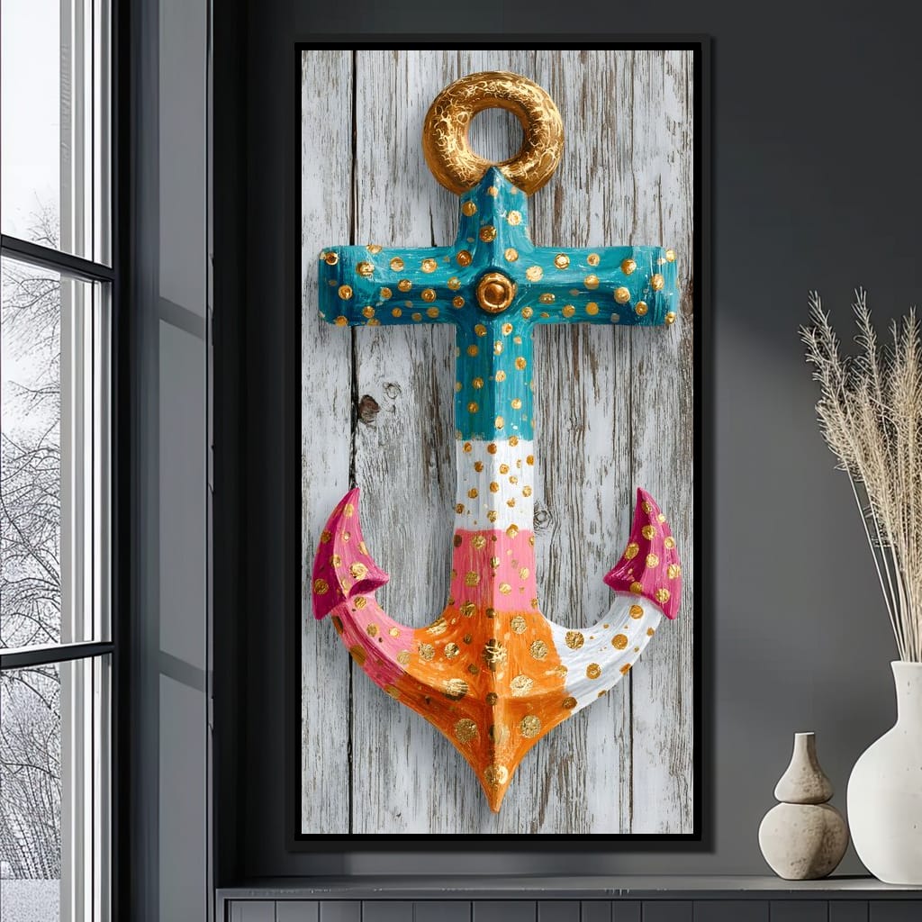 Golden Dotted Nautical Anchor Canvas Wall Art