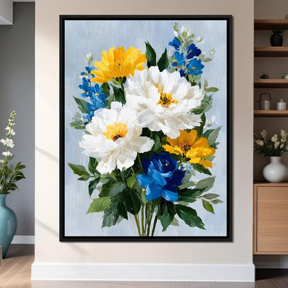 Golden White Blue Garden Posey Canvas Wall Art