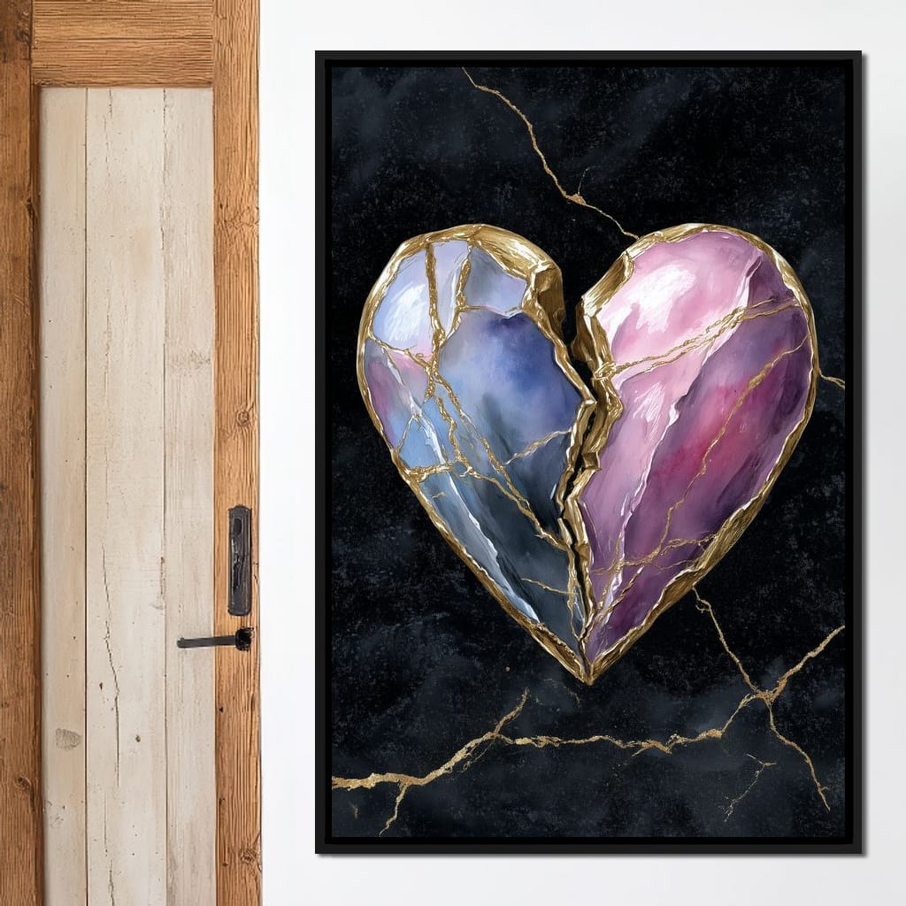 Kintsugi Split Heart Gold Canvas Wall Art